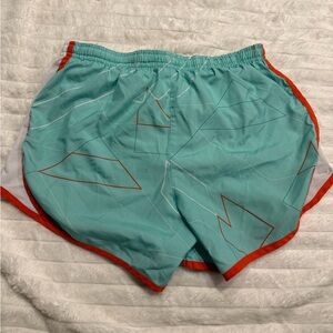Womens Aqua Geometric Running Shorts with Orange Trim